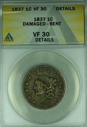 1837 Coronet Head Large Cent  ANACS  Details Damaged-Bent  (42)