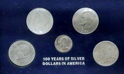 100 Years of Silver Dollars in America 5 UNC Coins in Display Case