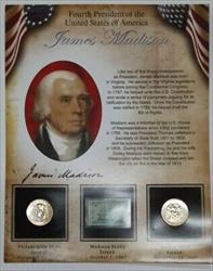 Presidential $1 Set James Madison BU P & D $1 Coins & Stamp Set in Holder