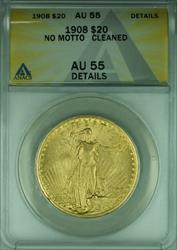1908 No Motto St. Gaudens $20 Double Eagle   ANACS Details Cleaned