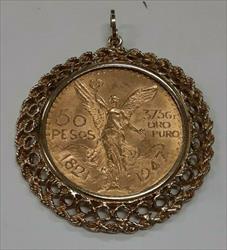1947 Mexico Gold 50 Pesos Coin in 14K Bezel Pendant Jewelry 54.9 Grams (MK)