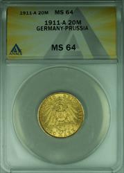 1911-A Germany-Prussia 20M Mark Gold Coin ANACS