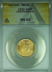 1930 Liechtenstein 20 Franken Gold Coin ANACS   (DW)