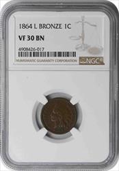 1864 Indian Cent L on Ribbon VF30BN NGC