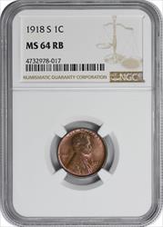 1918-S Lincoln Cent MS64RB NGC