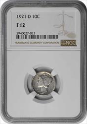 1921-D Mercury Silver Dime F12 NGC