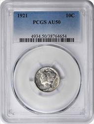 1921 Mercury Silver Dime AU50 PCGS