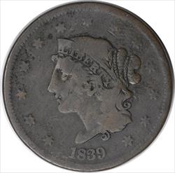 1839 Large Cent Booby Head VG Uncertified