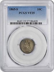 1865-S Liberty Seated Silver Dime VF35 PCGS