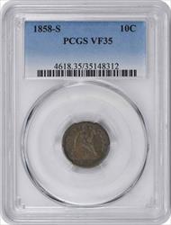 1858-S Liberty Seated Silver Dime VF35 PCGS