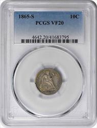 1865-S Liberty Seated Silver Dime VF20 PCGS