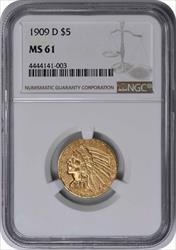 1909-D $5 Gold Indian MS61 NGC