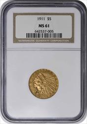 1911 $5 Gold Indian MS61 NGC