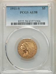 1911-S $5 Indian Half Eagles PCGS AU58