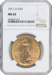 1911-D $20 Saint-Gaudens Double Eagles NGC MS62