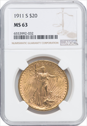 1911-S $20 Saint-Gaudens Double Eagles NGC MS63