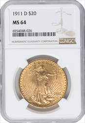 1911-D $20 Saint-Gaudens Double Eagles NGC MS64