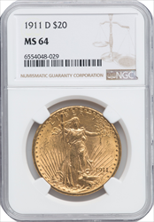 1911-D $20 Saint-Gaudens Double Eagles NGC MS64