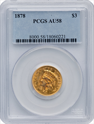 1878 $3 Three Dollar Gold Pieces PCGS AU58