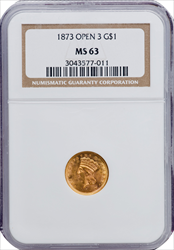 1873 G$1 OPEN 3 MS Gold Dollars NGC MS63