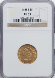 1888-S $5 Liberty Half Eagles NGC AU53