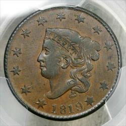 1819 Coronet Head Large Cent, Small Date, N-3, Very Scarce, PCGS AU50, Condition Census?