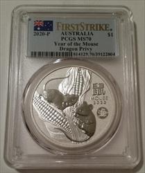 Australia 2020 P 1 oz Silver Dollar Year of the Mouse Dragon Privy MS70 PCGS FS