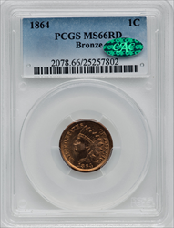 1864 Bronze No L RD CAC Indian Cents PCGS MS66