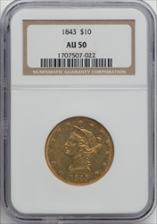 1843 $10 Liberty Eagles NGC AU50
