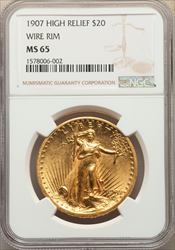 1907 $20 High Relief Wire Rim High Relief Double Eagles NGC MS65