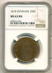 Denmark Frederik VI 1818 2 Rigsbankskilling MS63 BN NGC