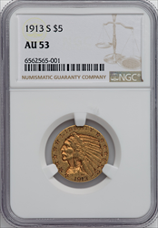 1913-S $5 Indian Half Eagles NGC AU53