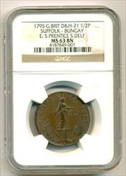 Great Britain 1795 1/2 Penny Conder Token Suffolk - Bungay D&H-21 MS63 BN NGC