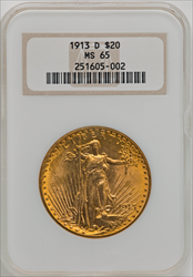1913-D $20 Saint-Gaudens Double Eagles NGC MS65