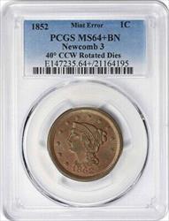 1852 Large Cent 40° CCW Rotated Dies N-3 MS64+BN PCGS