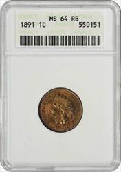 1891 Indian Cent MS64RB ANACS