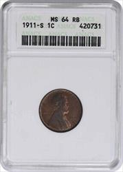 1911-S Lincoln Cent MS64RB ANACS