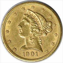 1901-S $5 Gold Liberty Head AU58 Uncertified #1004