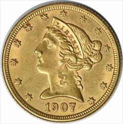 1907-D $5 Gold Liberty Head AU58 Uncertified #212