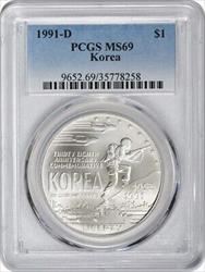 1991-D Korea Commemorative Silver Dollar MS69 PCGS