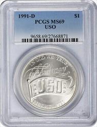 1991-D USO Commemorative Silver Dollar MS69 PCGS