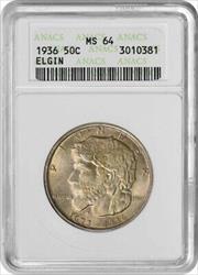 Elgin Commemorative Silver Half Dollar 1936 MS64 ANACS