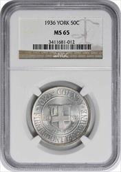 York Commemorative Silver Half Dollar 1936 MS65 NGC