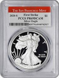 2020-S $1 American Silver Eagle PR69DCAM First Strike PCGS (Struck at San Francisco Mint Label)