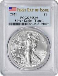2021 $1 American Silver Eagle Type 1 MS69 First Day of Issue PCGS