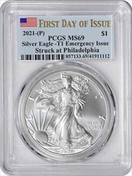 2021-(P) $1 American Silver Eagle Emergency Issue Type 1 MS69 First Day of Issue PCGS
