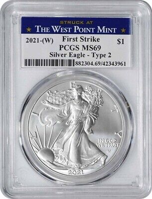 2021-(W) $1 American Silver Eagle Type 2 MS69 First Strike PCGS (Struck at West Point Label)