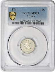 1874 Liberty Seated Silver Dime Arrows MS63 PCGS