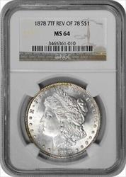 1878 Morgan Silver Dollar 7TF Reverse of 1878 MS64 NGC