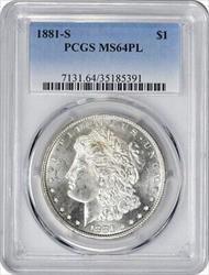 1881-S Morgan Silver Dollar MS64PL PCGS